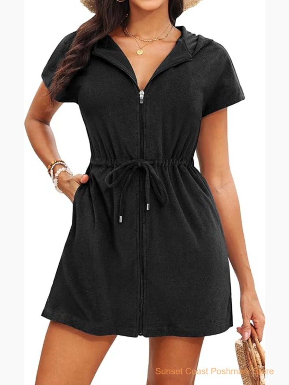 Terry Cloth Hooded Swim Cover Up with Zipper Pockets
